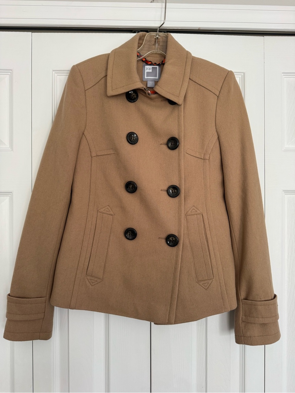 JCPenney Women's Camel Double-Breasted Wool Peacoat